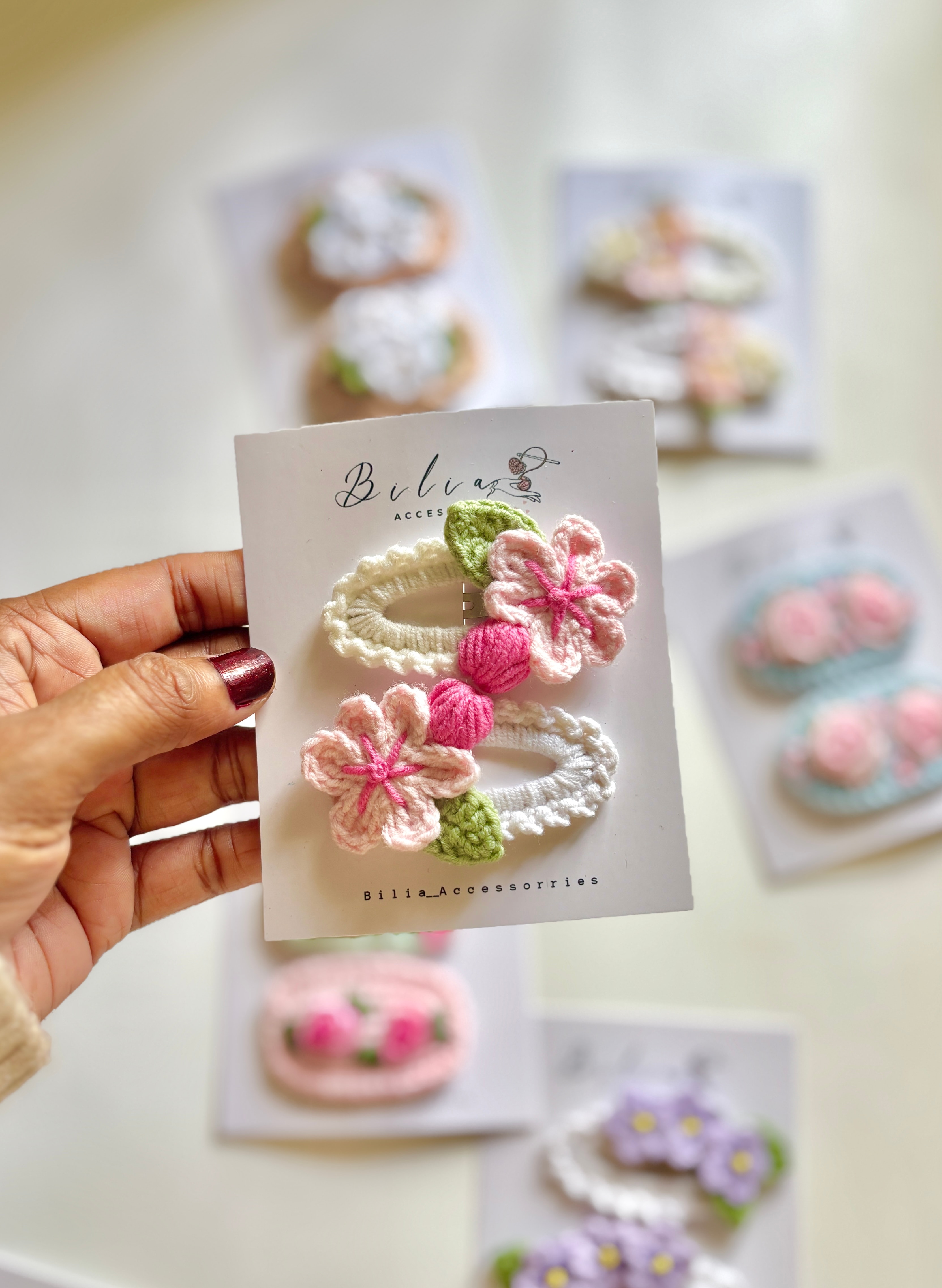 Crochet cherry blossom hair clip for girls