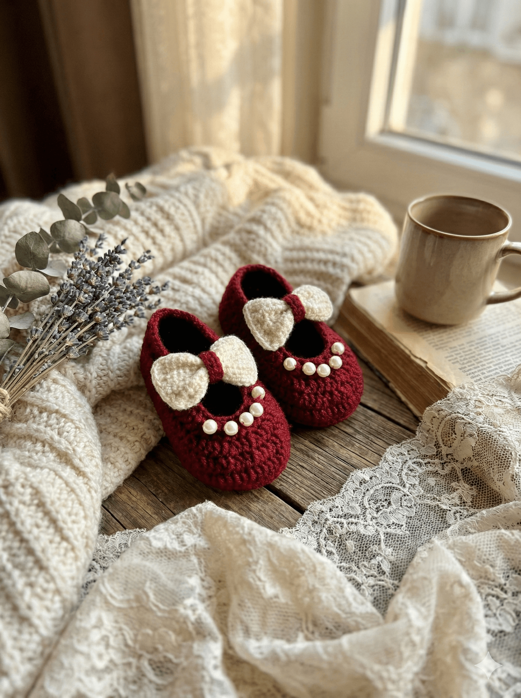maroon crochet pearl booties
