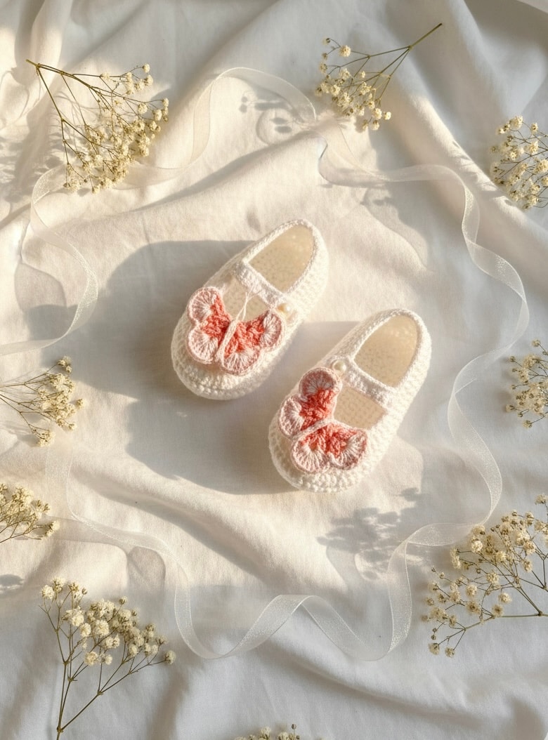 Soft baby crochet shoes with pink butterfly design