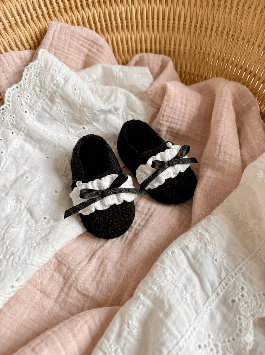 Black lace bow crochet booties