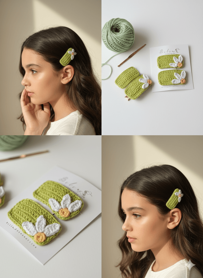 Handmade green crochet hair clips with white daisy flower design