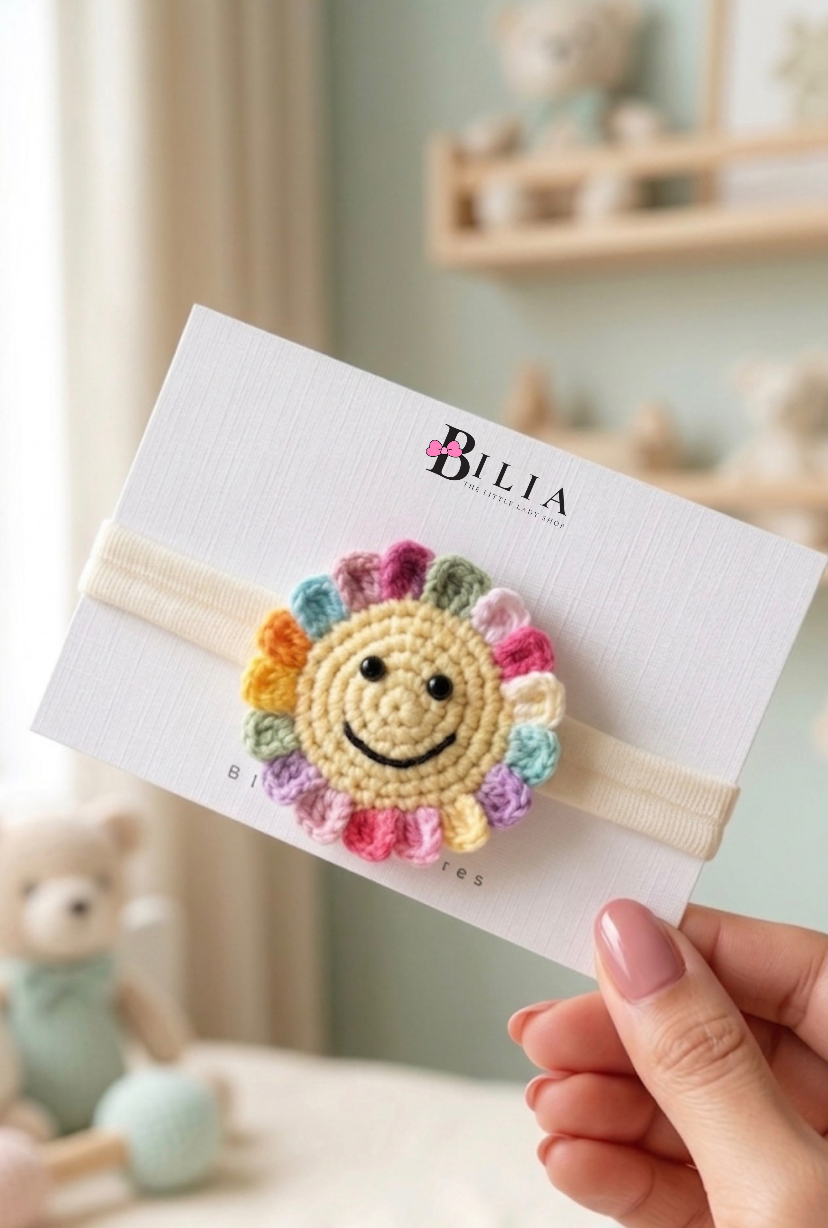 Rainbow Smiley Sun Crochet Baby Headband